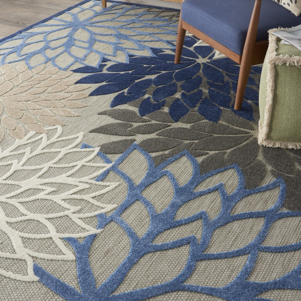 8' X 11' Blue Large Floral Indoor Outdoor Area Rug