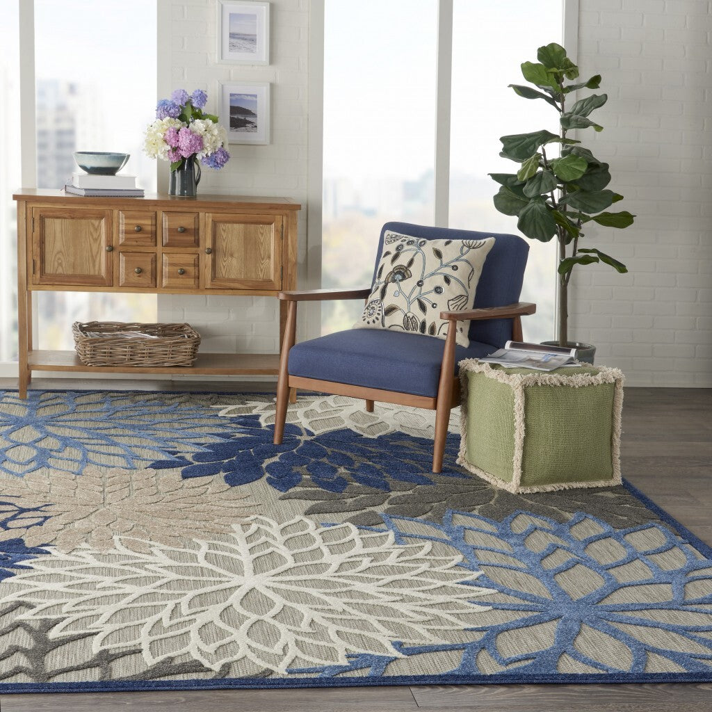 8' X 11' Blue Large Floral Indoor Outdoor Area Rug