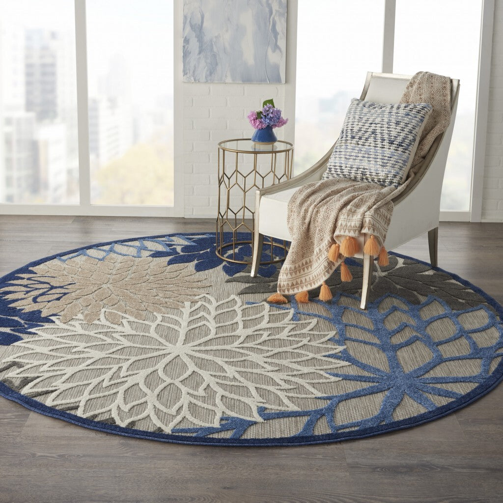 8' Round Blue Large Floral Indoor Outdoor Area Rug