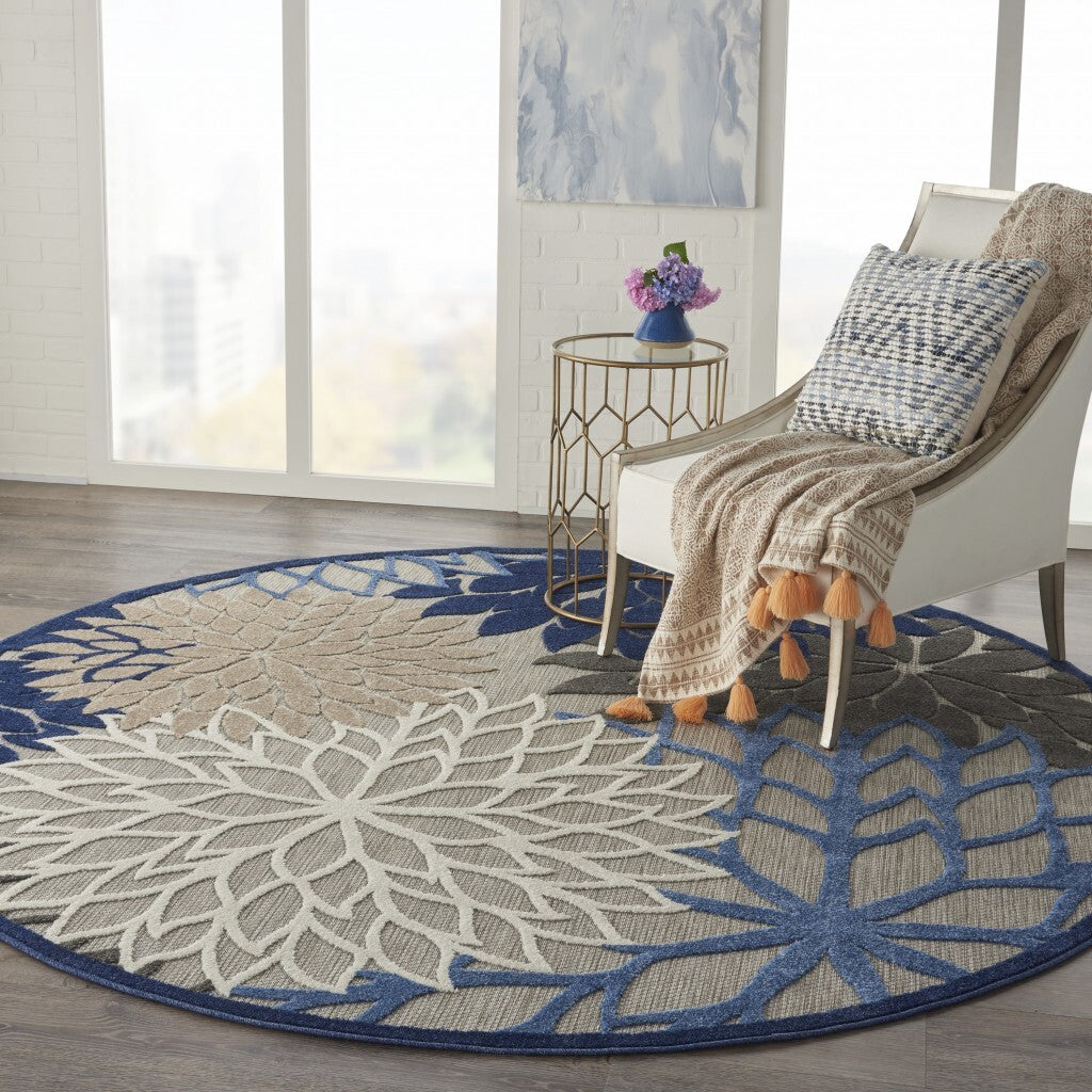 8' Round Blue Large Floral Indoor Outdoor Area Rug