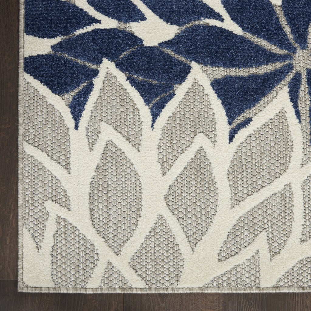 2' X 12' Ivory And Navy Indoor Outdoor Runner Rug