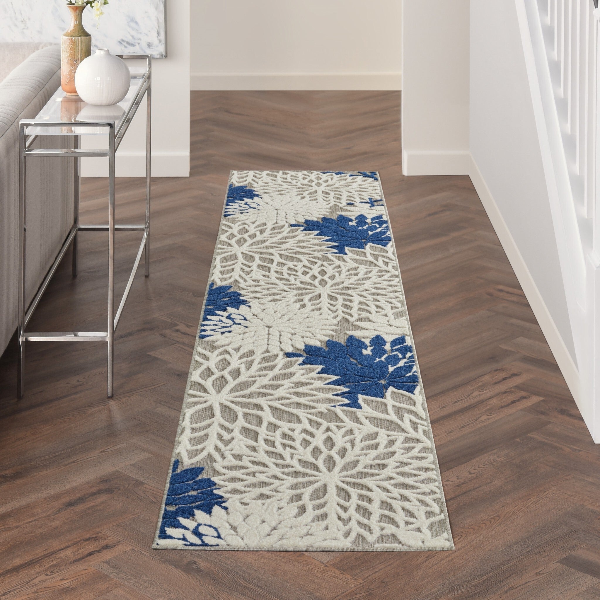 2' X 12' Ivory And Navy Indoor Outdoor Runner Rug