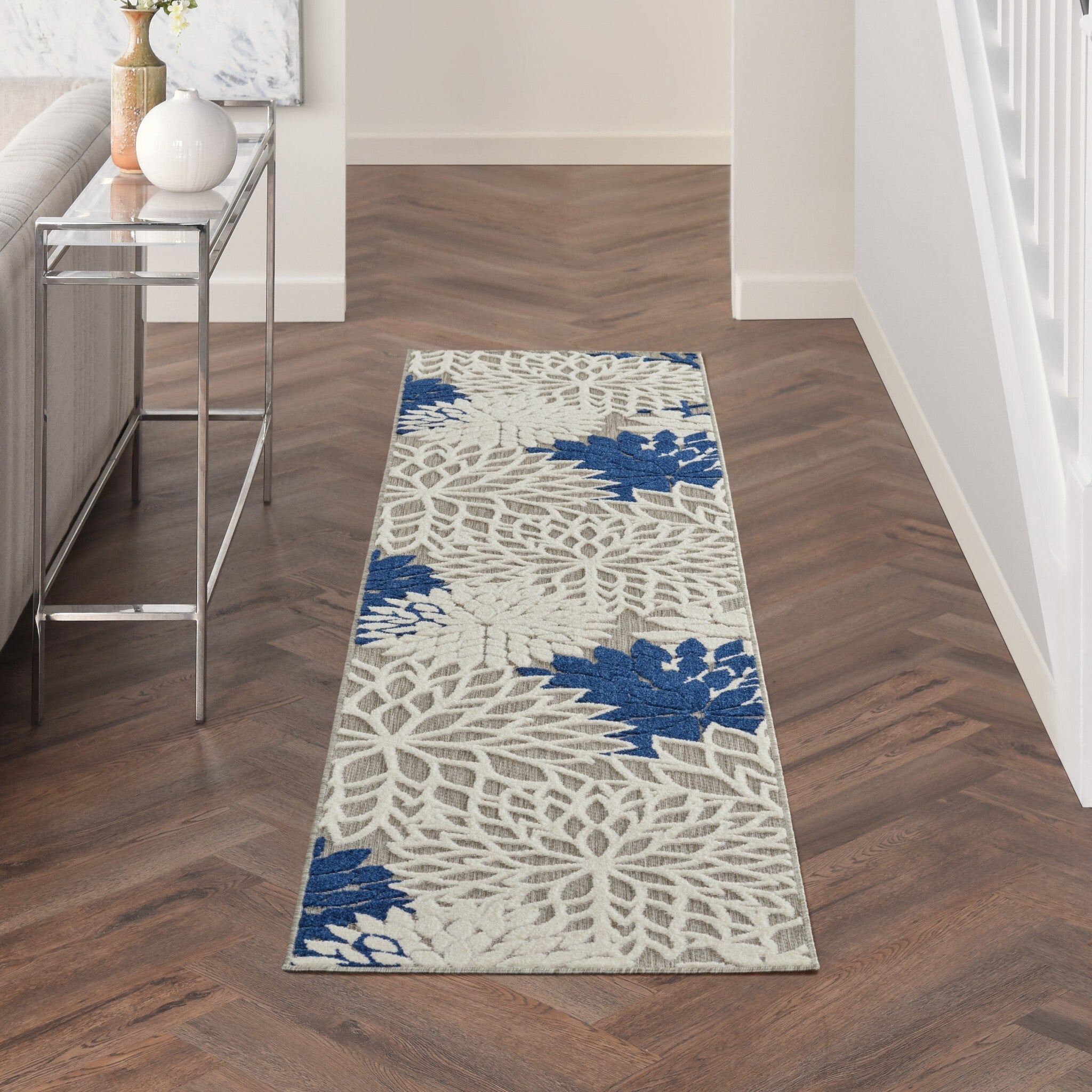 2' X 8' Ivory And Navy Indoor Outdoor Runner Rug