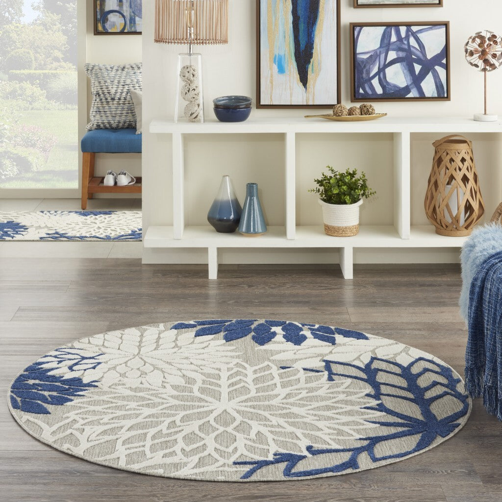 4' Round Ivory And Navy Indoor Outdoor Area Rug