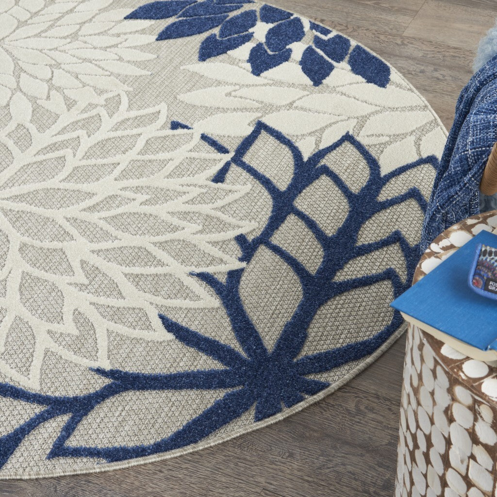 4' Round Ivory And Navy Indoor Outdoor Area Rug