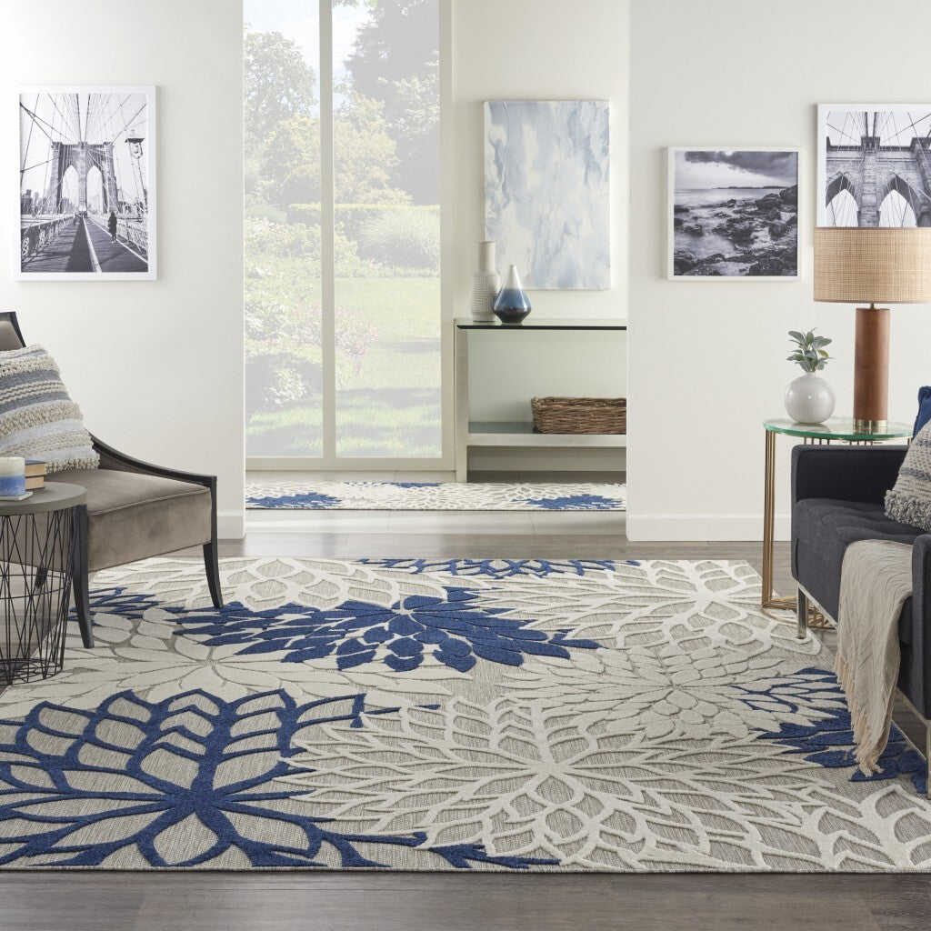 8' X 11' Ivory And Navy Indoor Outdoor Area Rug