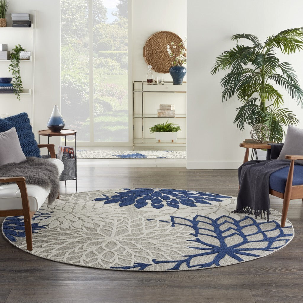 8' Round Ivory And Navy Indoor Outdoor Area Rug