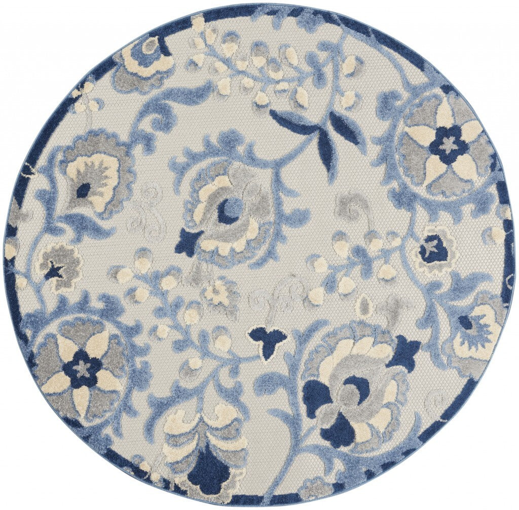 4' Round Blue And Gray Indoor Outdoor Area Rug