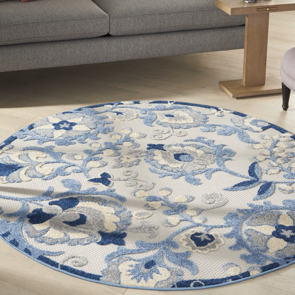 4' Round Blue And Gray Indoor Outdoor Area Rug