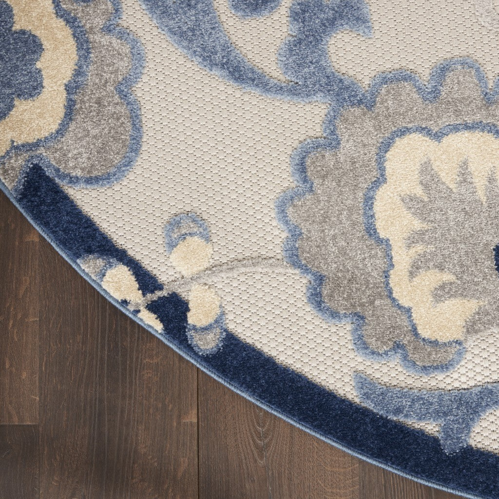4' Round Blue And Gray Indoor Outdoor Area Rug