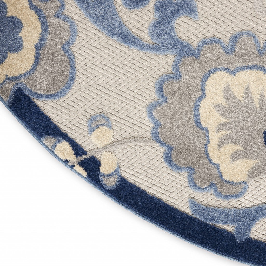 4' Round Blue And Gray Indoor Outdoor Area Rug