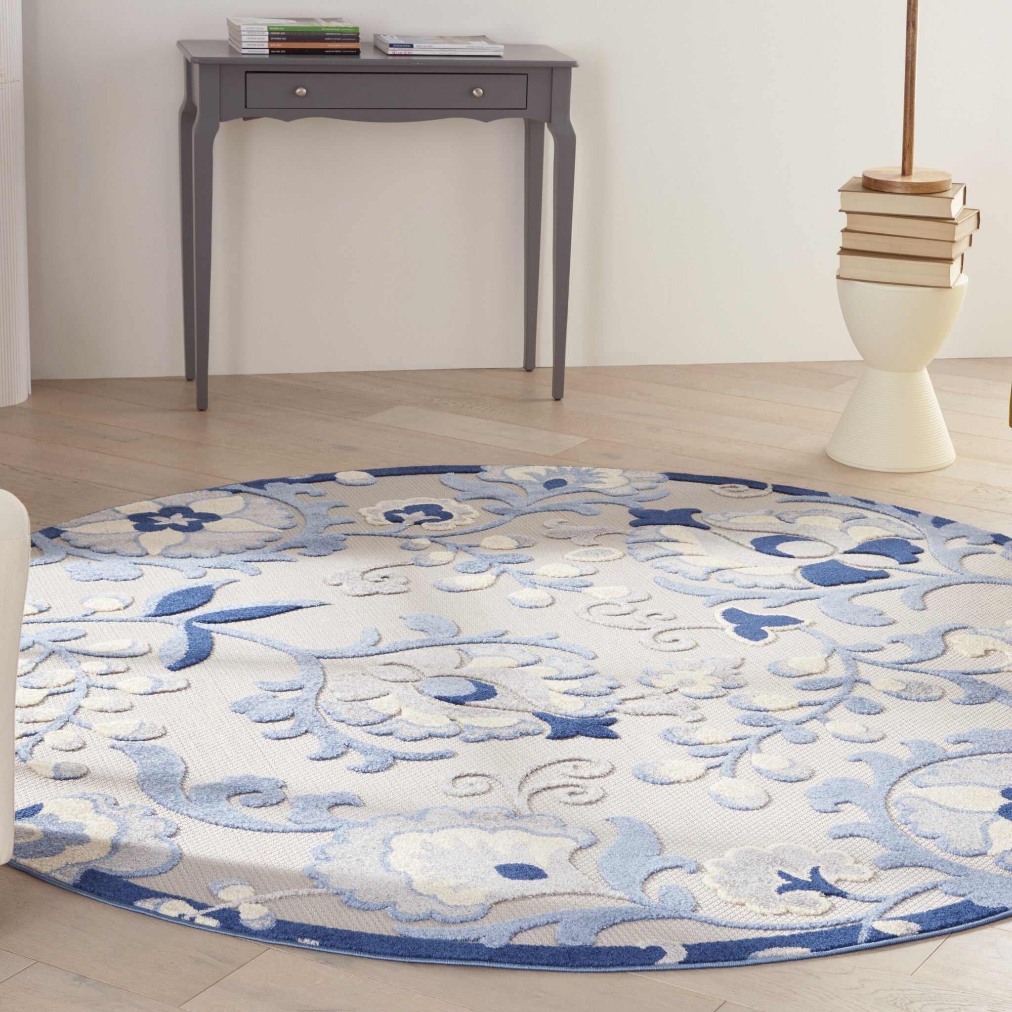 8' Round Blue And Gray Indoor Outdoor Area Rug