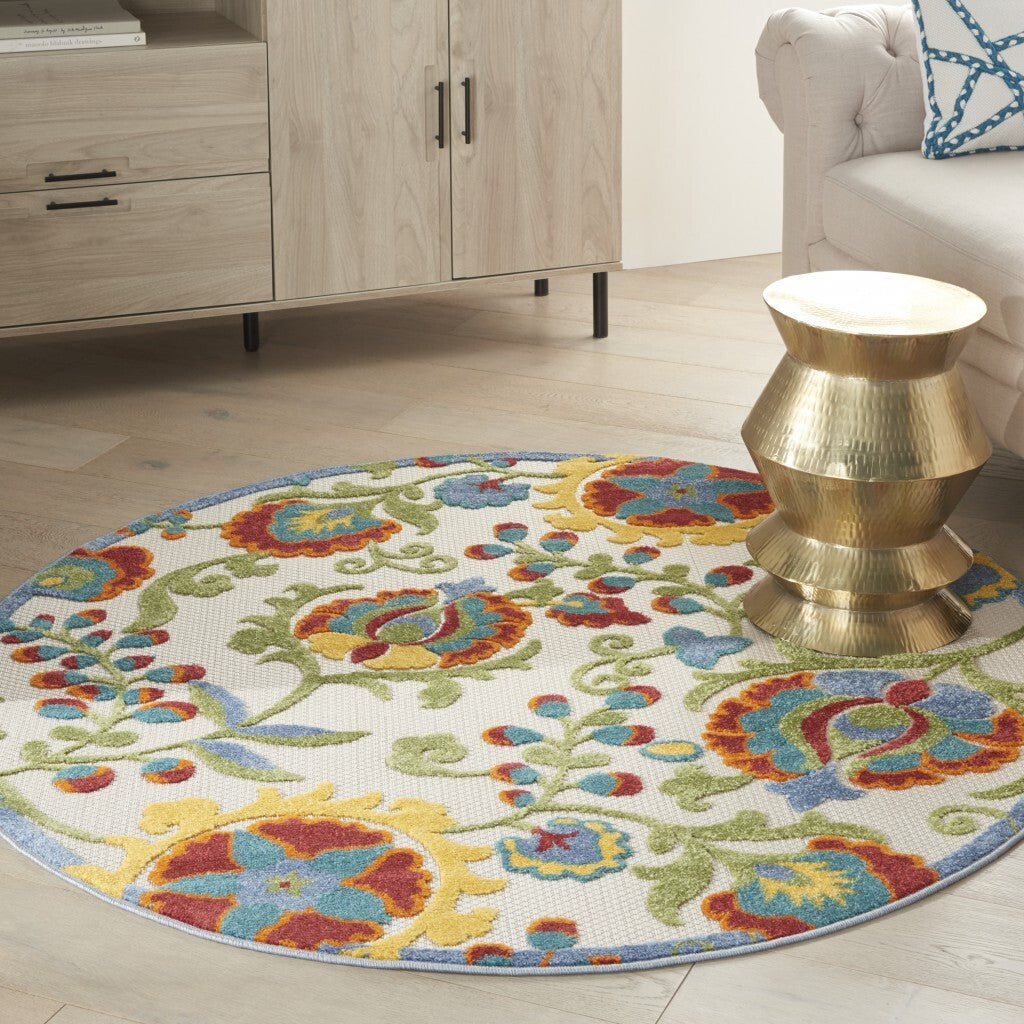 4' Round Ivory Multi Floral Indoor Outdoor Area Rug