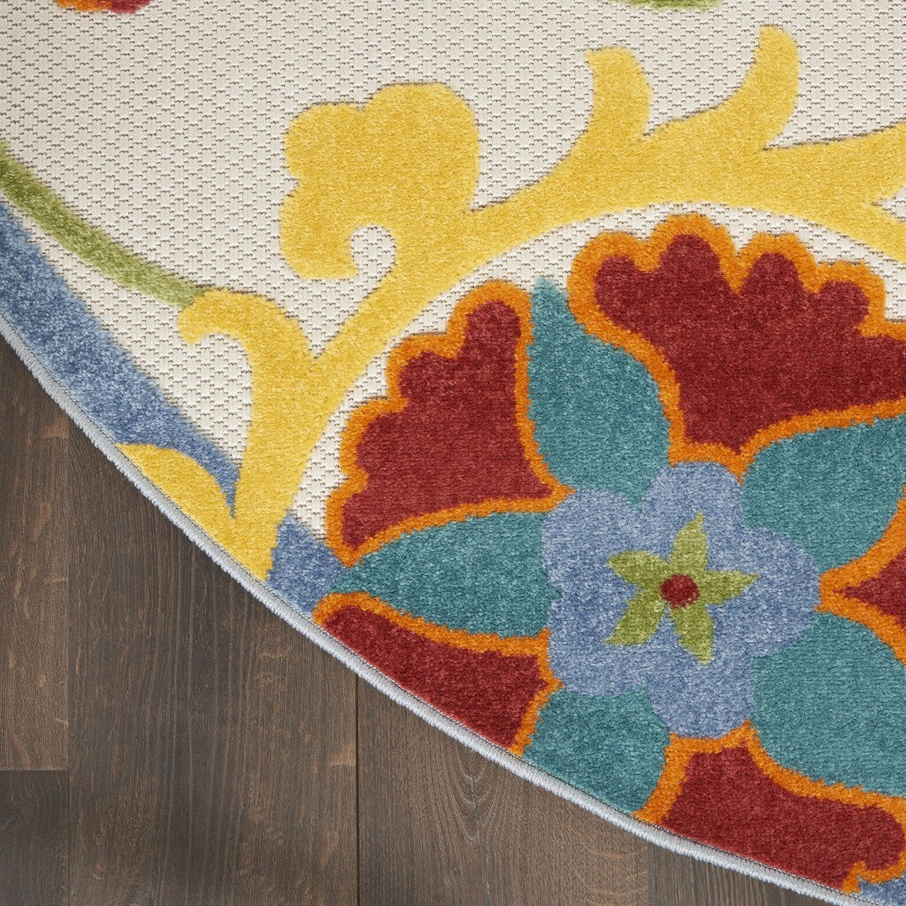 4' Round Ivory Multi Floral Indoor Outdoor Area Rug