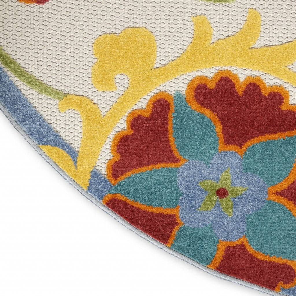 4' Round Ivory Multi Floral Indoor Outdoor Area Rug