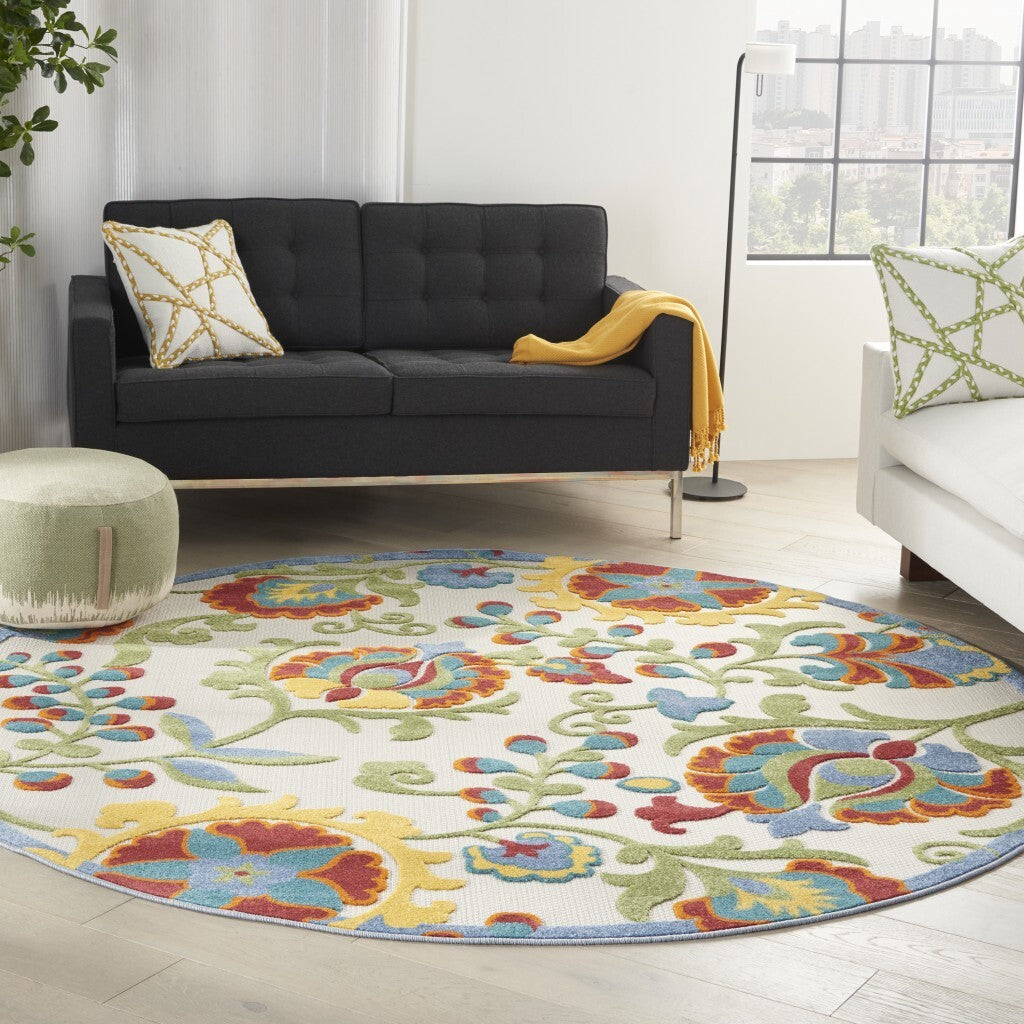 8' Round Ivory Multi Floral Indoor Outdoor Area Rug