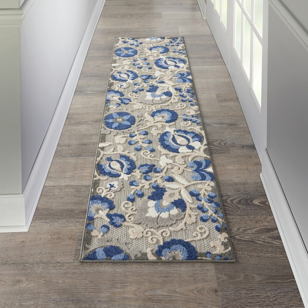 2' X 6' Natural And Blue Indoor Outdoor Runner Rug
