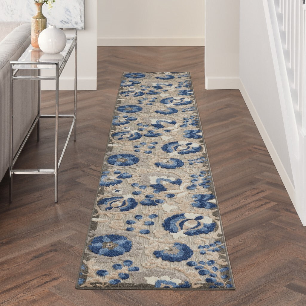 2' X 12' Natural And Blue Indoor Outdoor Runner Rug