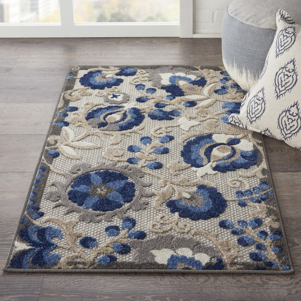 3' X 4' Natural And Blue Indoor Outdoor Area Rug