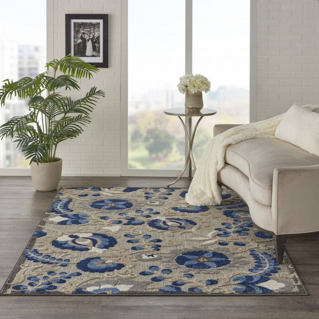 4' X 6' Natural And Blue Indoor Outdoor Area Rug