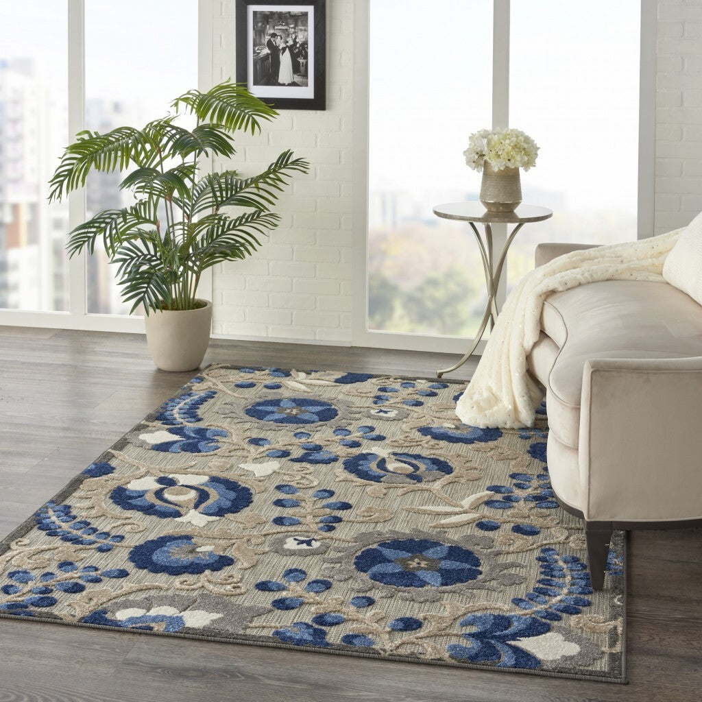 4' X 6' Natural And Blue Indoor Outdoor Area Rug