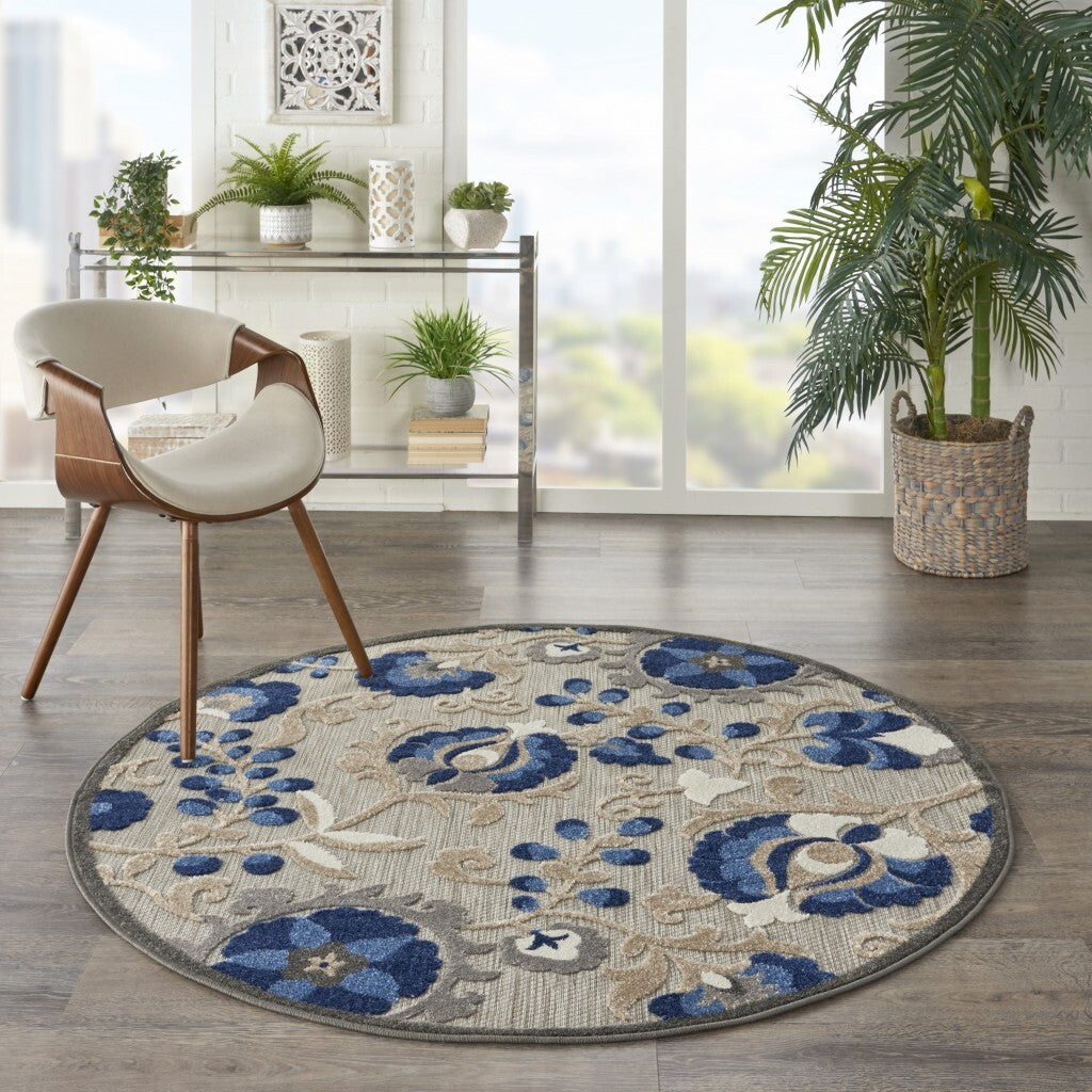 5' Round Natural And Blue Indoor Outdoor Area Rug