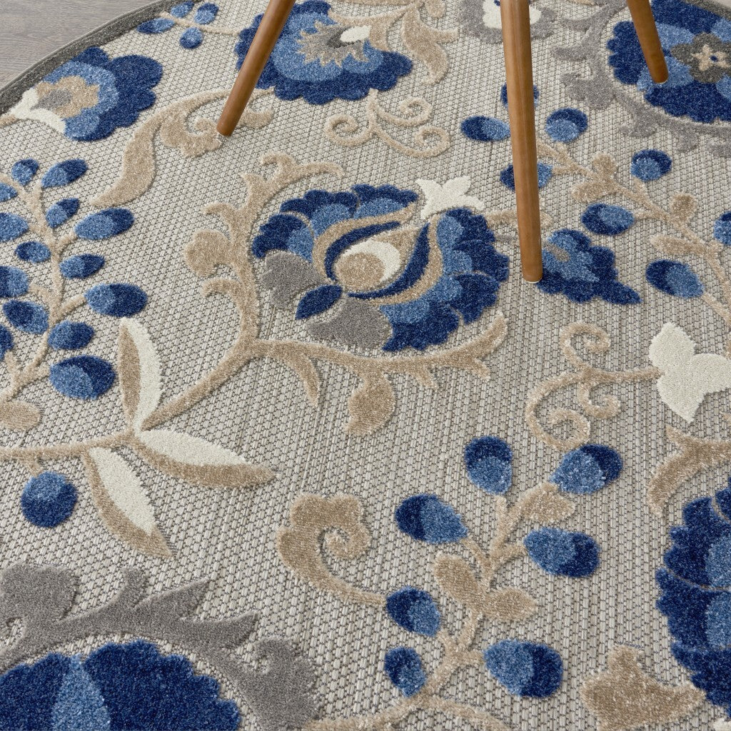 5' Round Natural And Blue Indoor Outdoor Area Rug