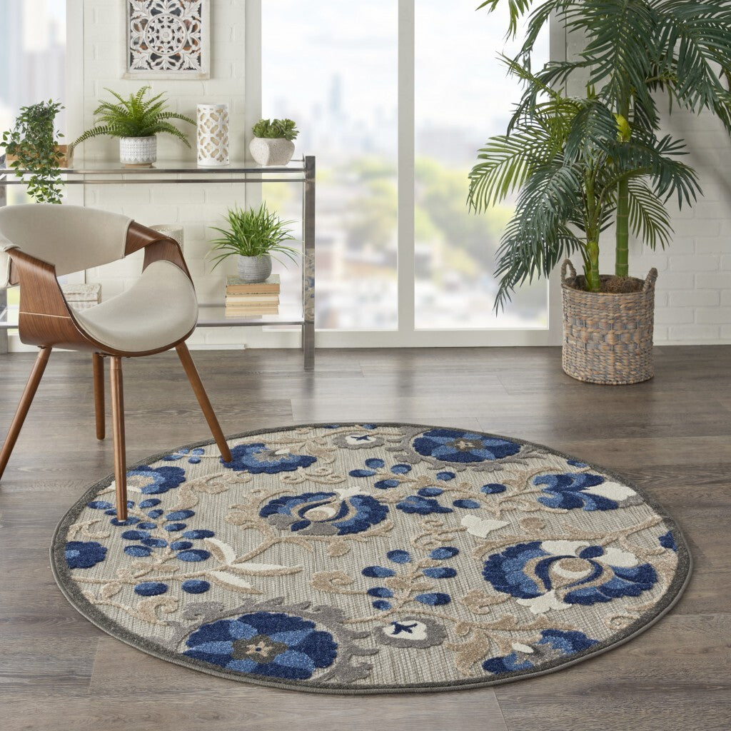 5' Round Natural And Blue Indoor Outdoor Area Rug