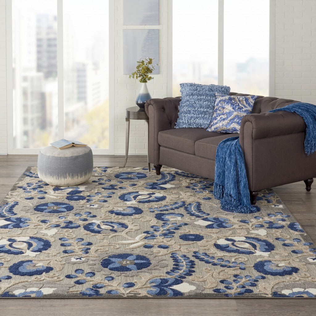 7' X 10' Natural And Blue Indoor Outdoor Area Rug