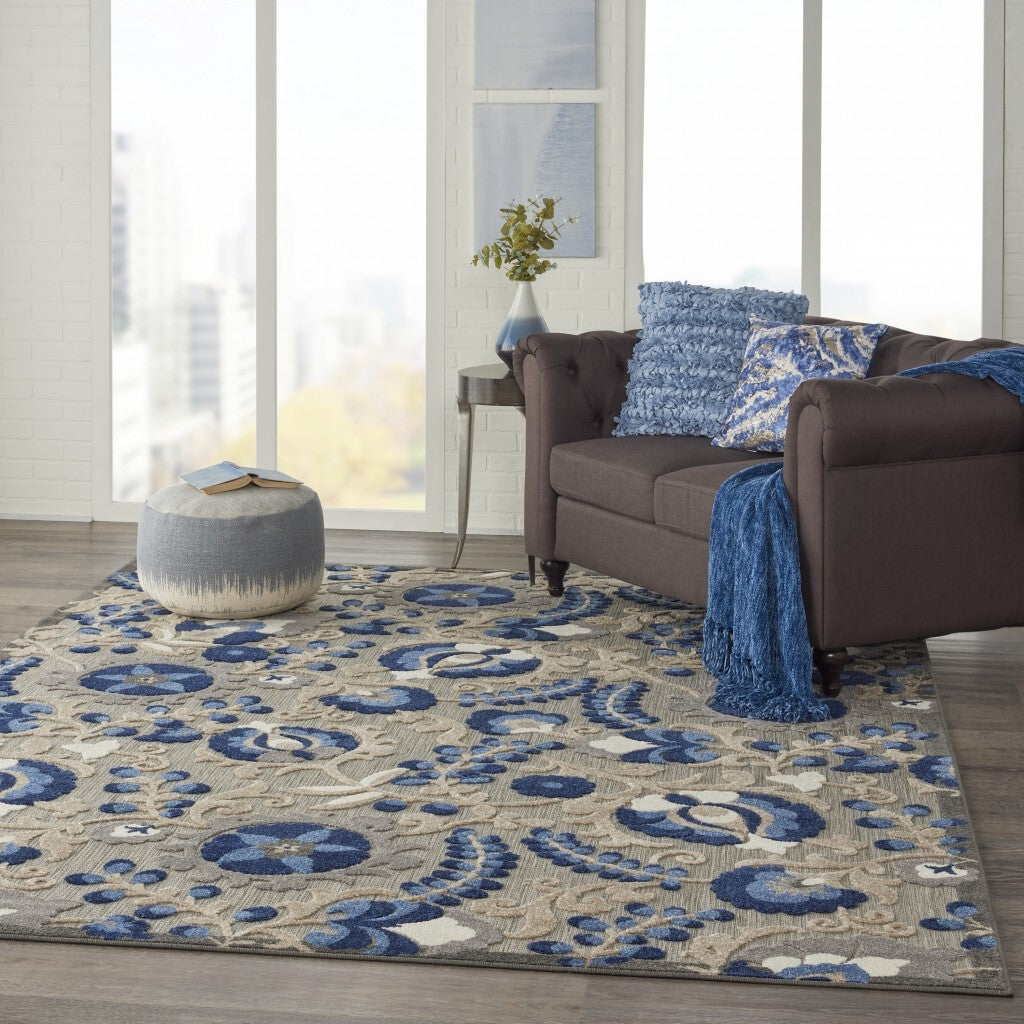 7' X 10' Natural And Blue Indoor Outdoor Area Rug