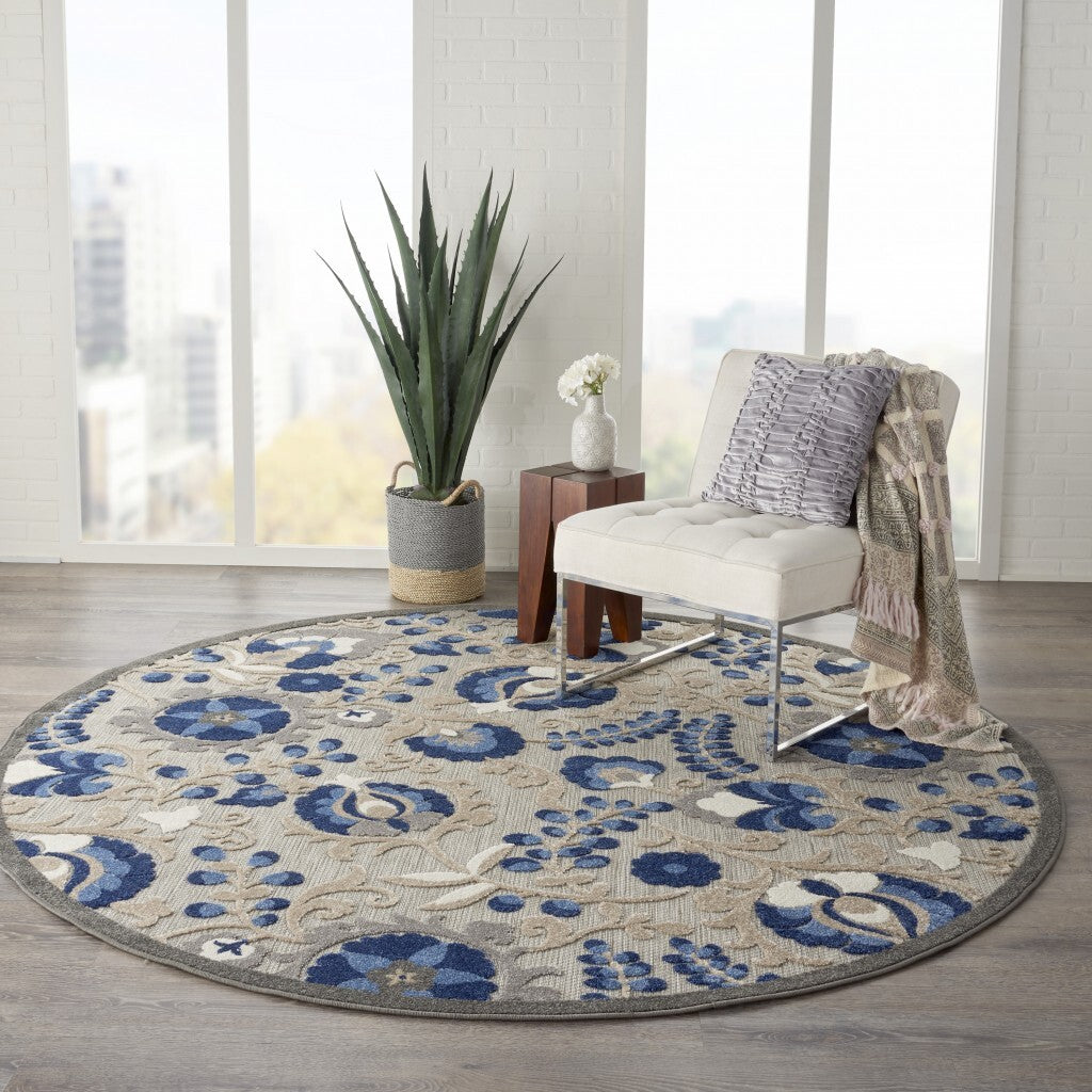 8' Round Natural And Blue Indoor Outdoor Area Rug