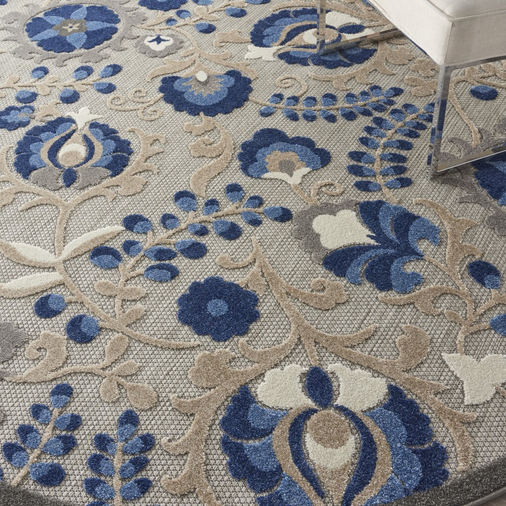 8' Round Natural And Blue Indoor Outdoor Area Rug
