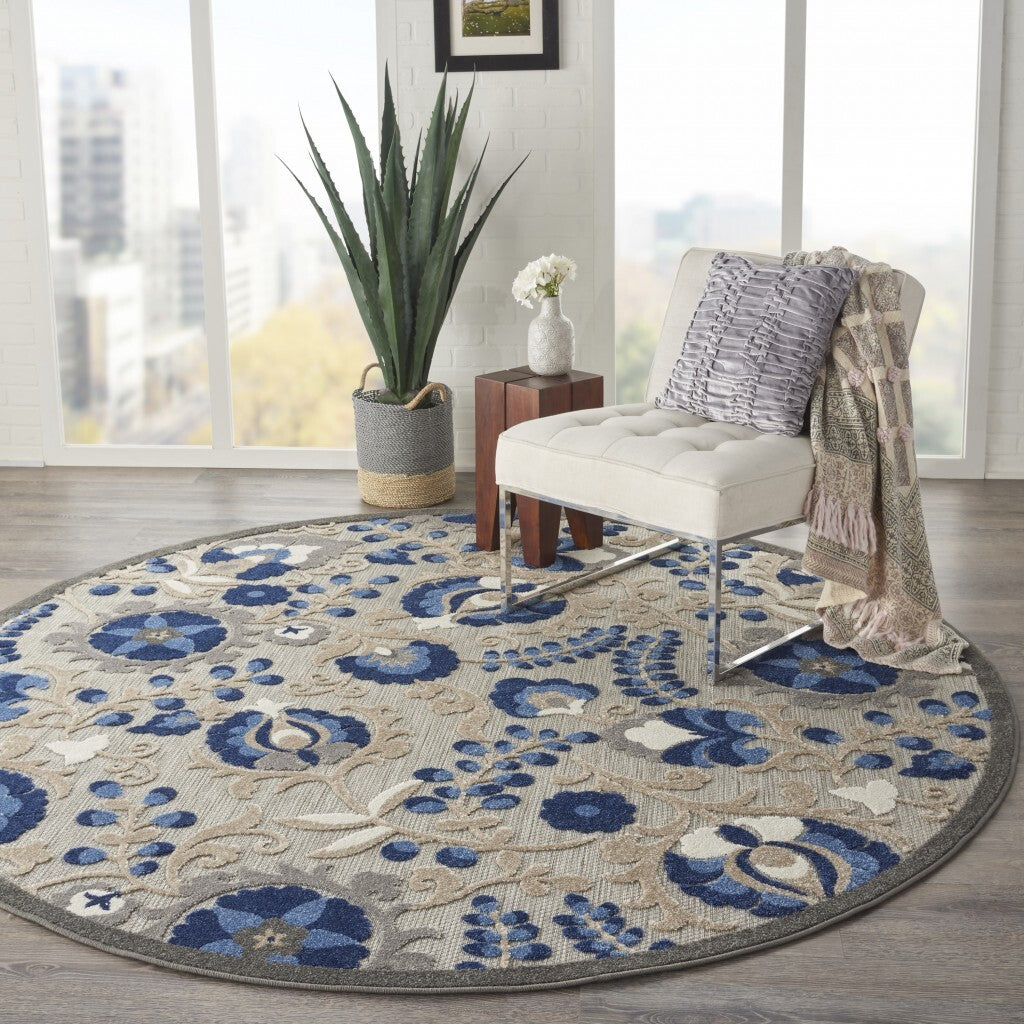 8' Round Natural And Blue Indoor Outdoor Area Rug