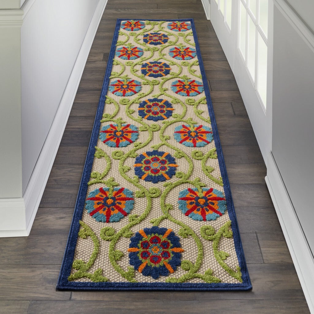 2' X 12' Blue Vines Indoor Outdoor Runner Rug
