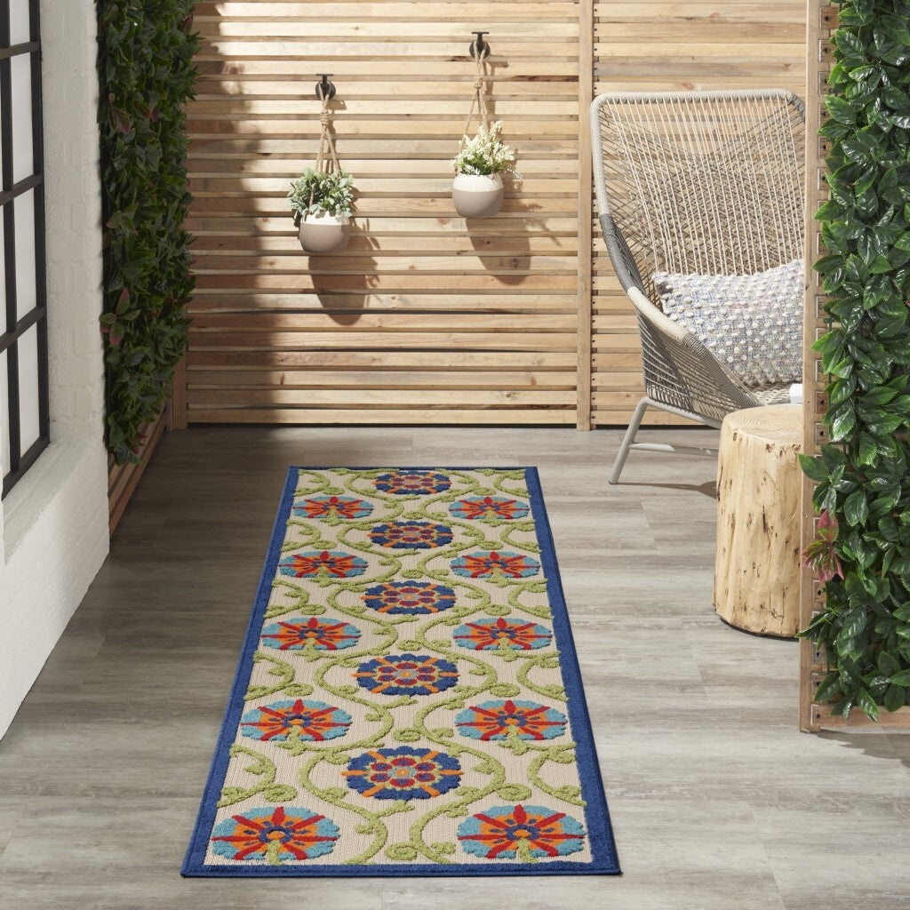 2' X 8' Blue Vines Indoor Outdoor Runner Rug