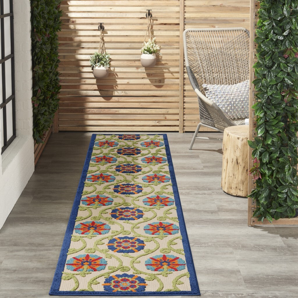 2' X 10' Blue Vines Indoor Outdoor Runner Rug