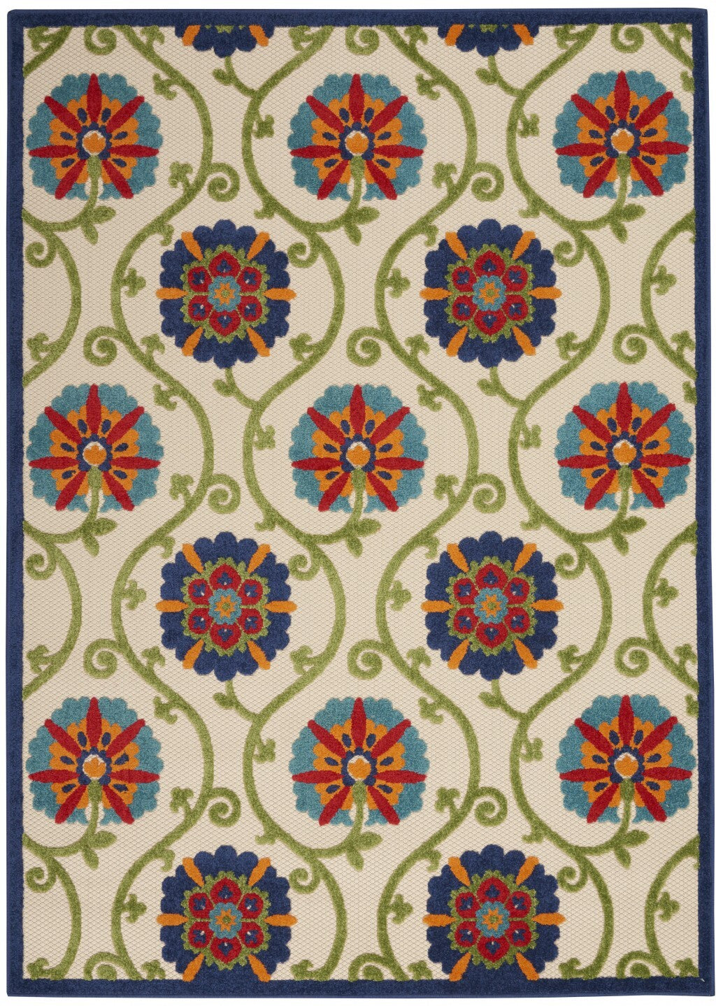 4' X 6' Blue Floral Vines Indoor Outdoor Area Rug