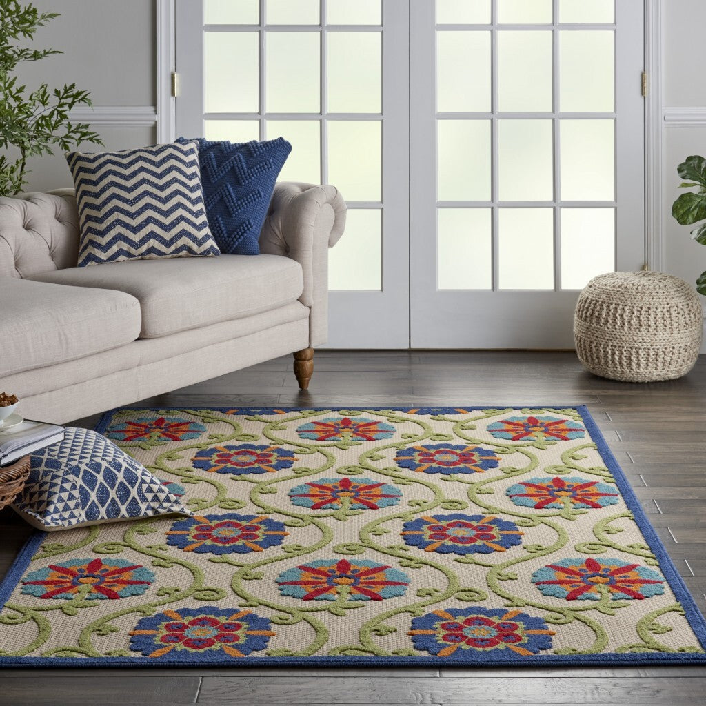 4' X 6' Blue Floral Vines Indoor Outdoor Area Rug