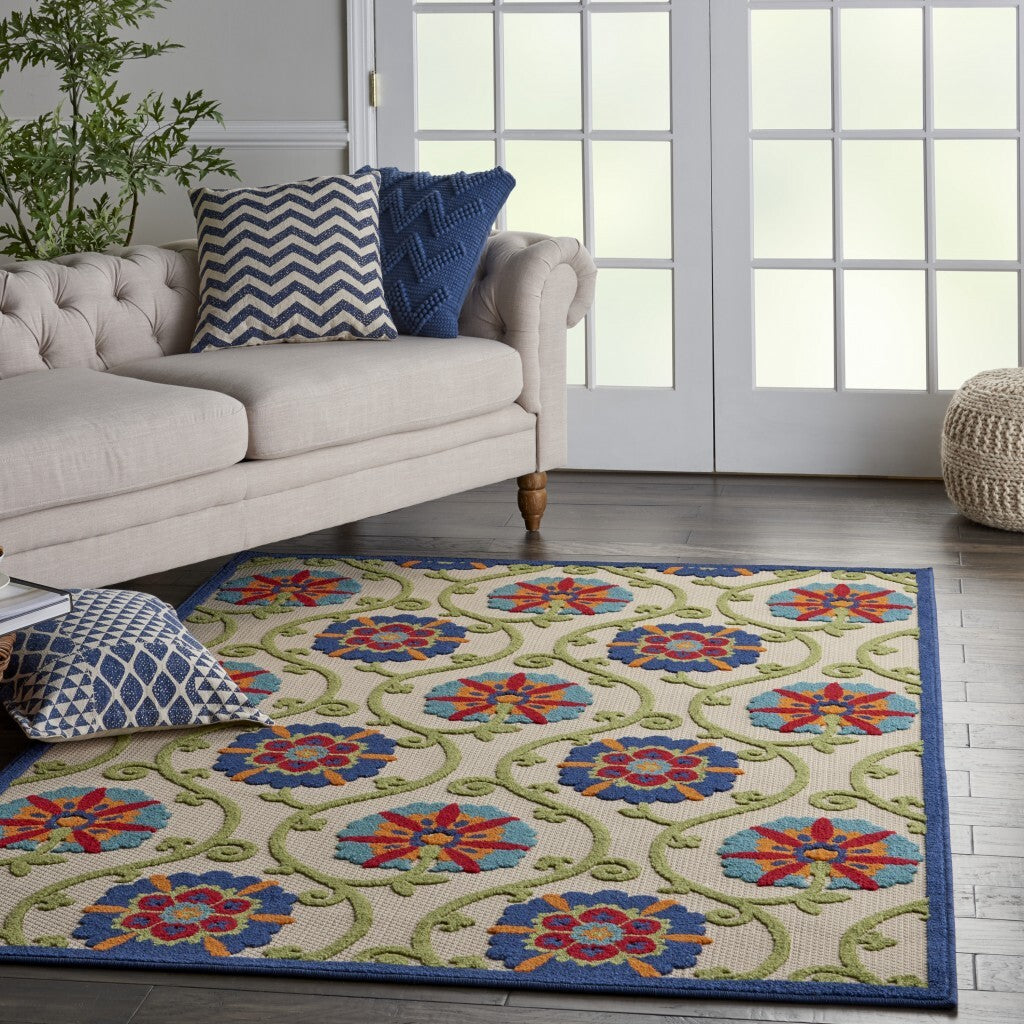 4' X 6' Blue Floral Vines Indoor Outdoor Area Rug