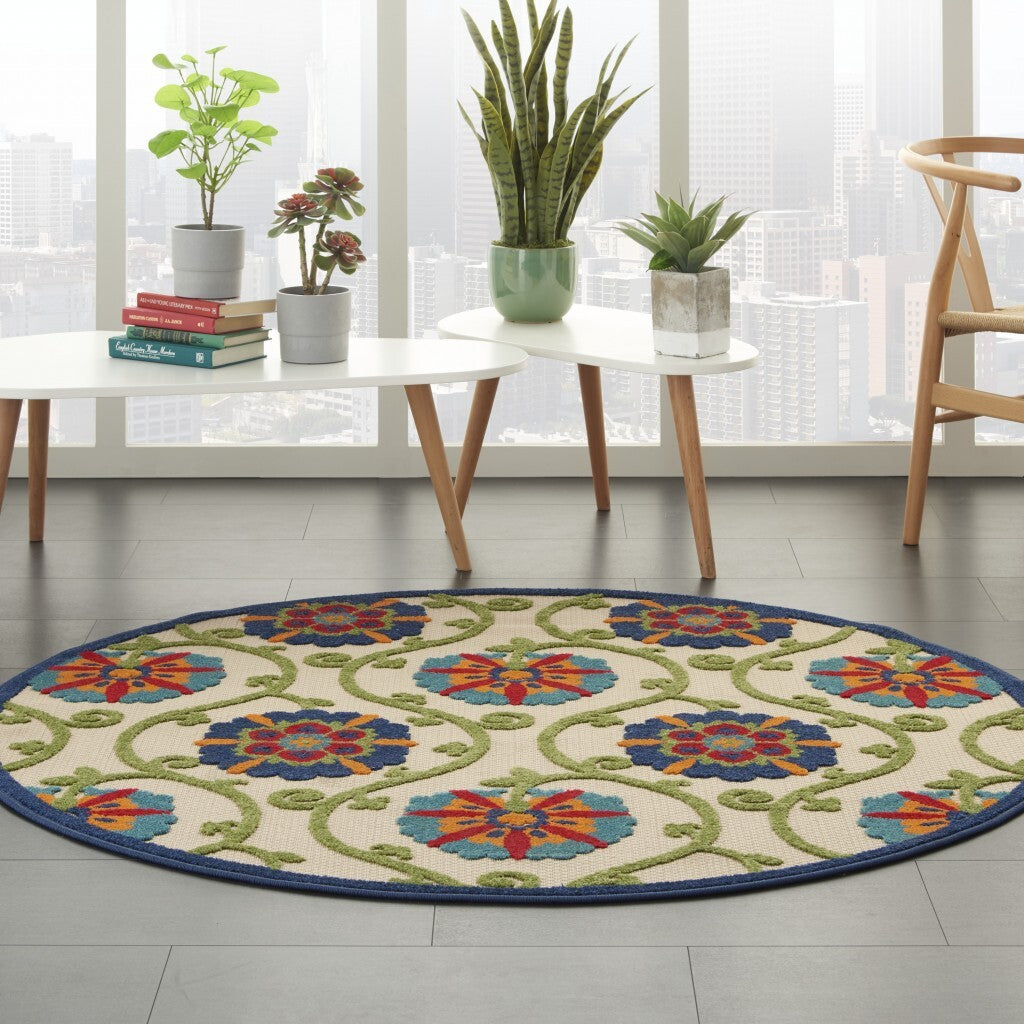 5' Round Blue Vines Indoor Outdoor Area Rug