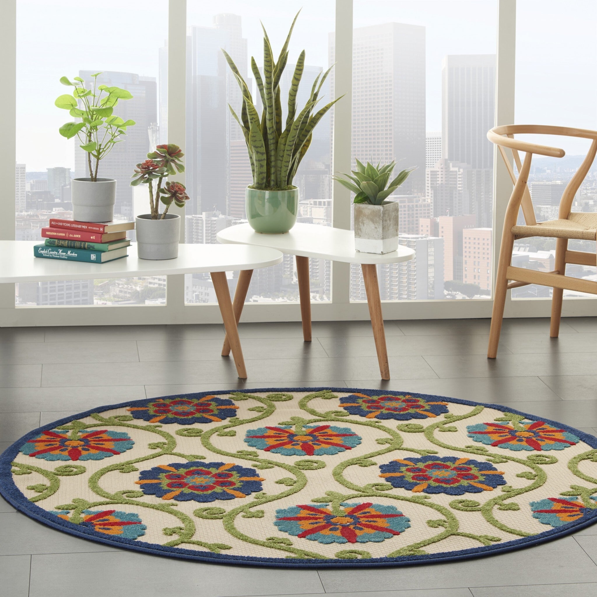 5' Round Blue Vines Indoor Outdoor Area Rug