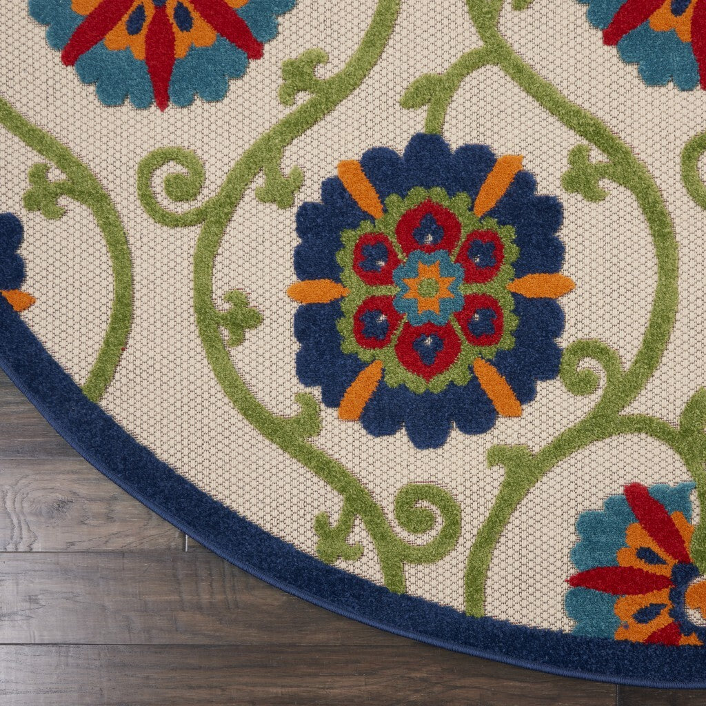 8' Round Blue Vines Indoor Outdoor Area Rug
