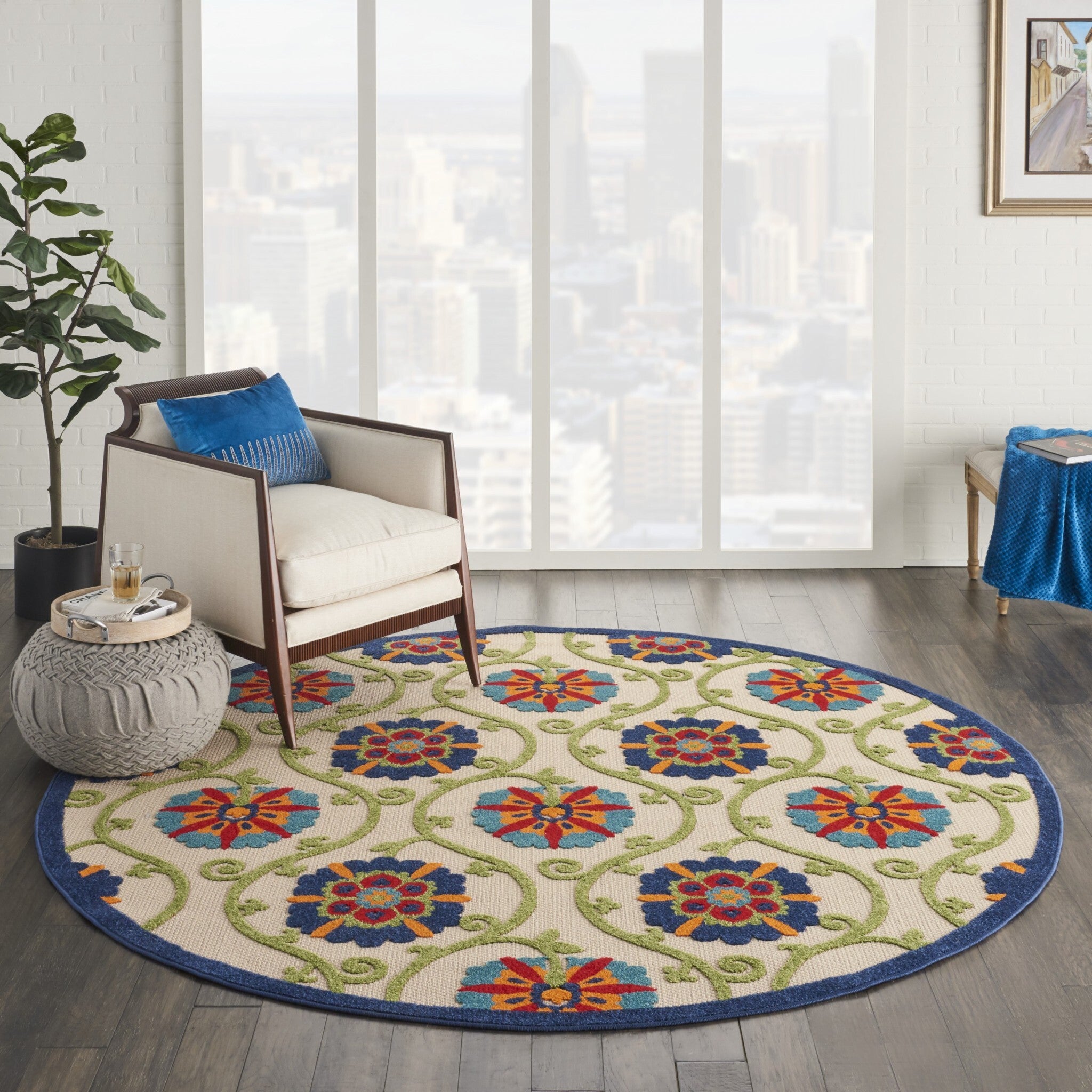 8' Round Blue Vines Indoor Outdoor Area Rug