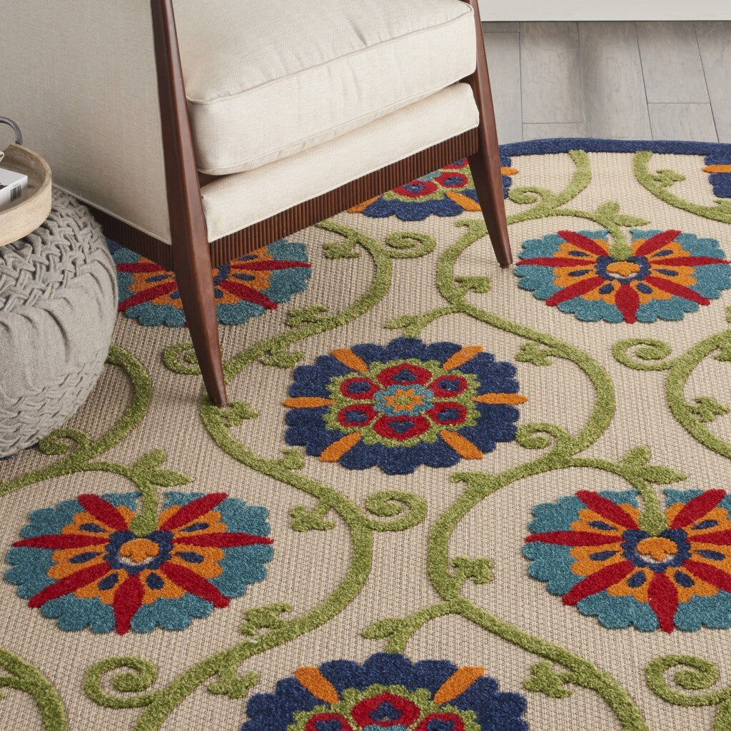 8' Round Blue Vines Indoor Outdoor Area Rug