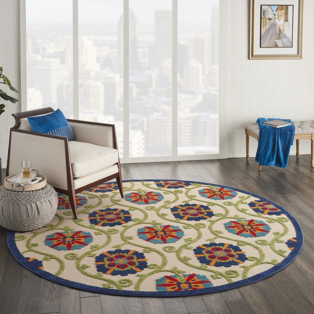 8' Round Blue Vines Indoor Outdoor Area Rug