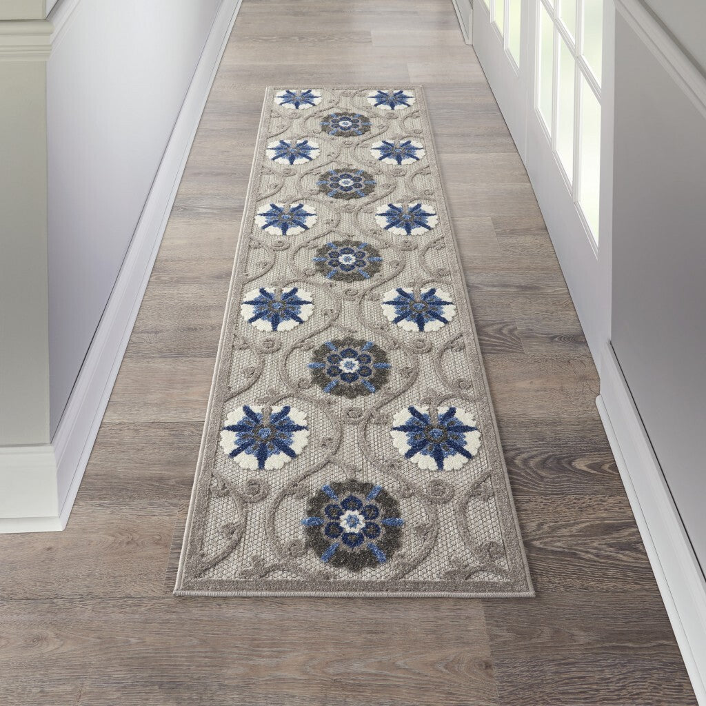 2' X 6' Gray And Blue Indoor Outdoor Runner Rug