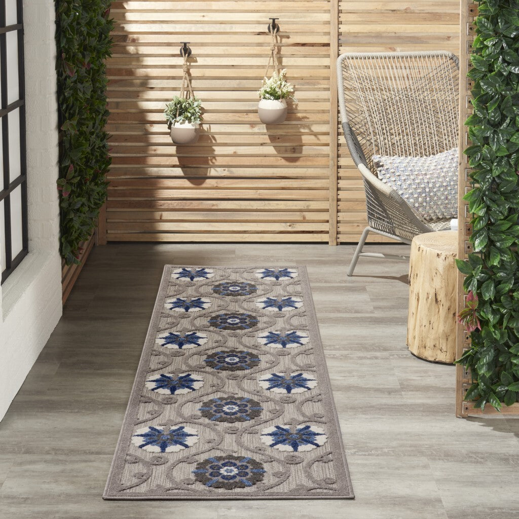 2' X 6' Gray And Blue Indoor Outdoor Runner Rug