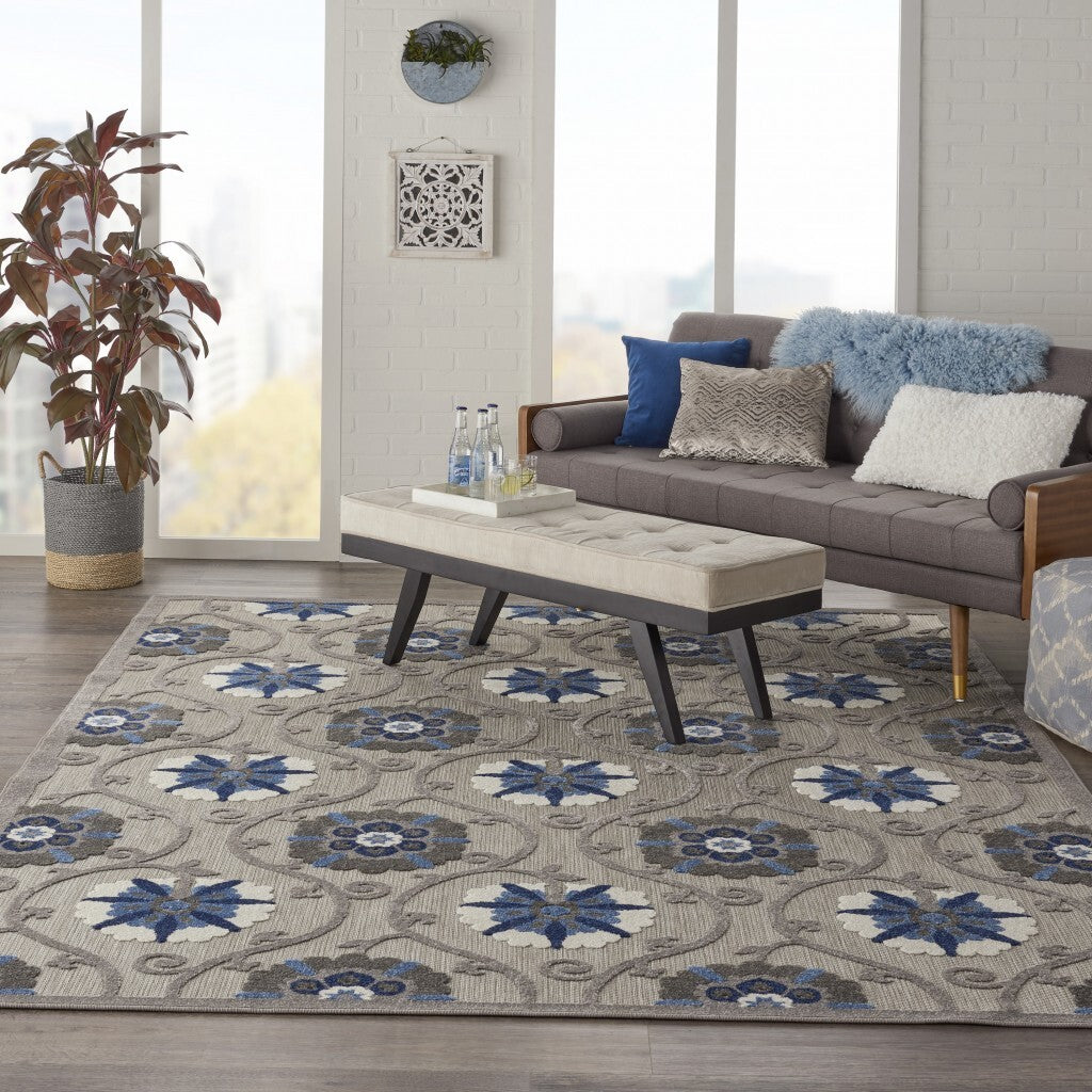 8' X 11' Gray And Blue Indoor Outdoor Area Rug