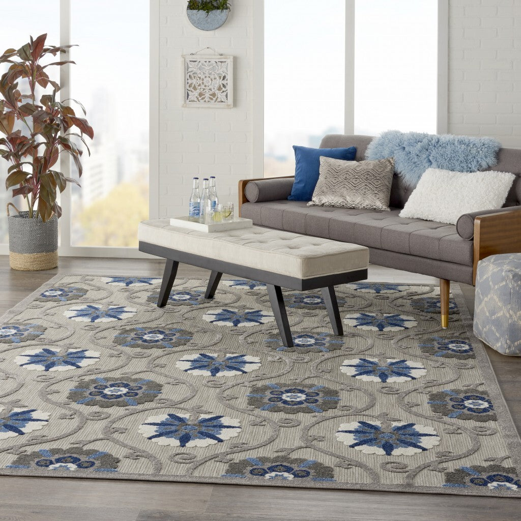 8' X 11' Gray And Blue Indoor Outdoor Area Rug