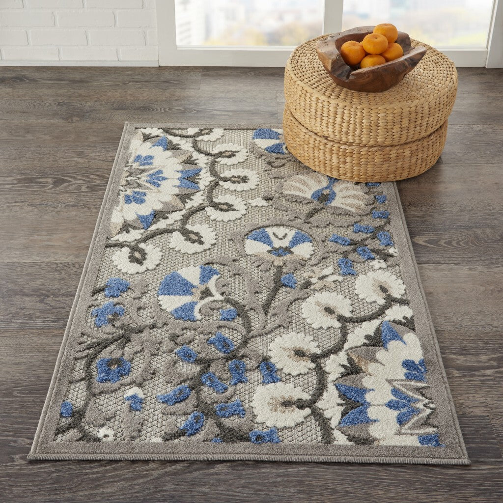 3' X 4' Gray And Blue Vines Indoor Outdoor Area Rug